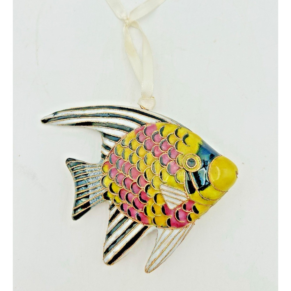 Gold Tone Angel Fish Cloisonne Enamel Pendant Yellow Pink Enamel Puffy Angelfish